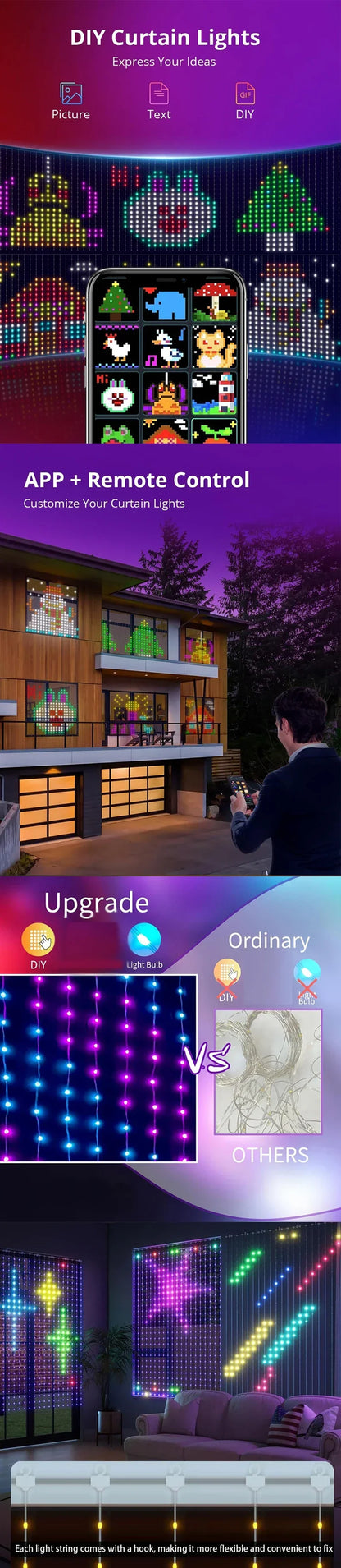 Smart RGB LED Curtain Lights – App Control, Music Sync & DIY Patterns (Indoor/Outdoor)