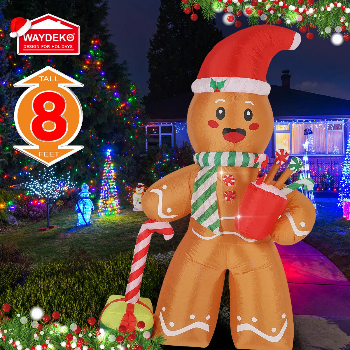 2.4m Inflatable Gingerbread Man – LED Lighted Christmas Yard Decoration (Blow-Up Holiday Display)
