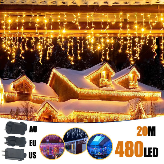 Icicle Christmas Lights – Waterproof 8-Mode LED Curtain (200–480 LEDs)