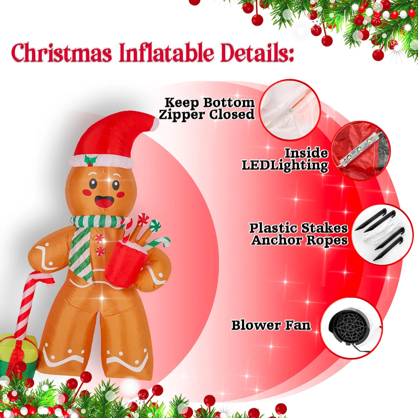 2.4m Inflatable Gingerbread Man – LED Lighted Christmas Yard Decoration (Blow-Up Holiday Display)