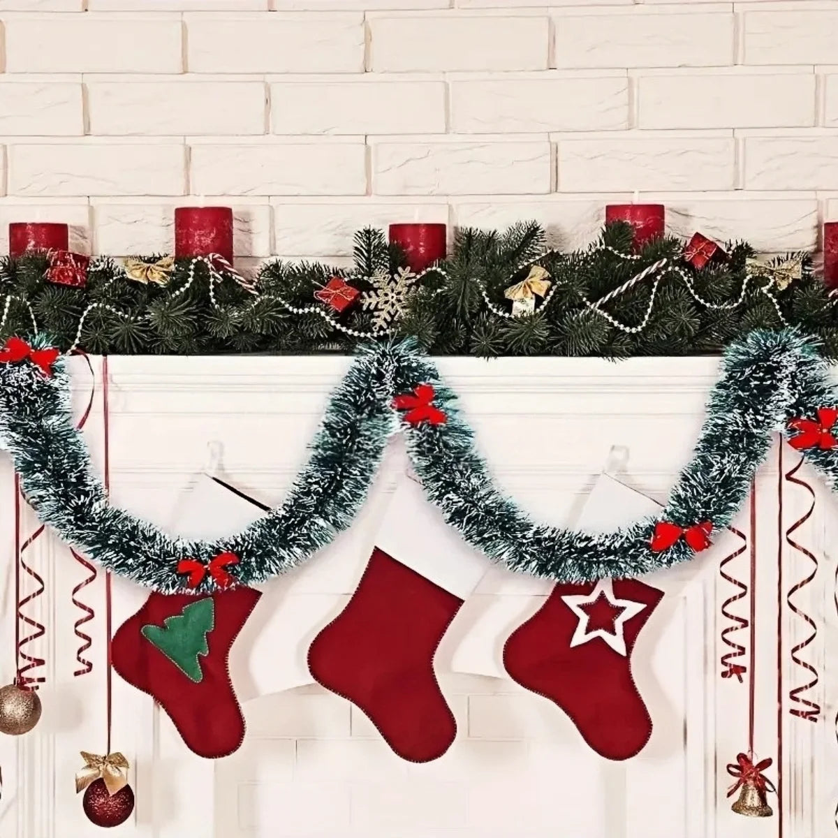 Christmas Tinsel Garland & Bow Set – 2/4/6/10M Holiday Decoration