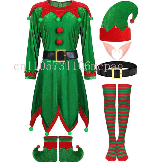Women’s & Kids Green Elf Christmas Costume Set