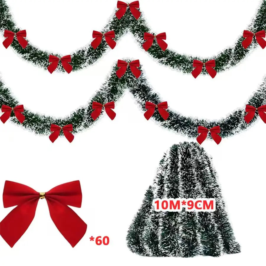 Christmas Tinsel Garland & Bow Set – 2/4/6/10M Holiday Decoration